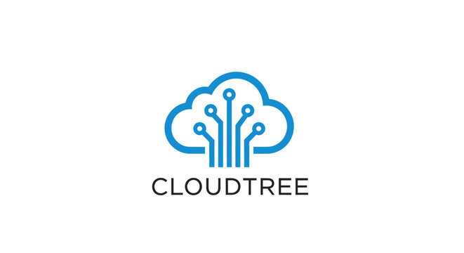 Blue cloud computing logo design with digital tree circuit lines