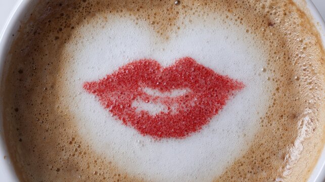 Morning coffee with heart and lips design on frothy surface for a warm start to the day