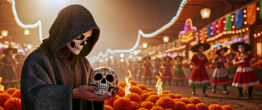 Cinematic Day of the Dead ritual banner featuring a hooded figure holding a sugar skull over an altar of orange marigolds and candles, with festive street dancers 