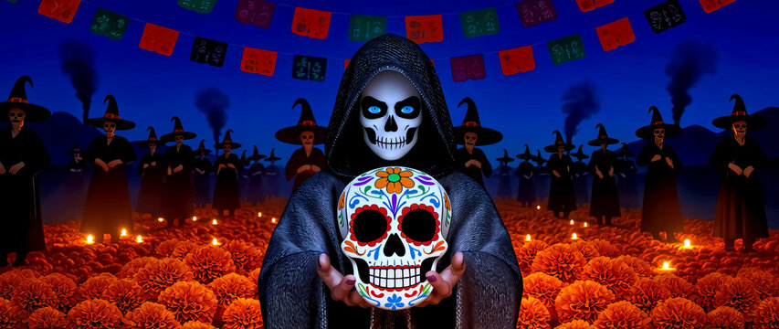 Cinematic Day of the Dead banner featuring a hooded skeleton holding a sugar skull amidst a coven of witches in a field of orange marigolds with ritual smoke and festive flags at night.
