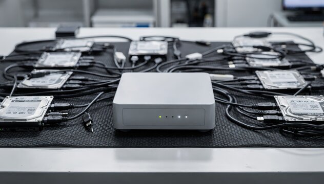Cloning station bench setup featuring hard drives connected via USB cables on antistatic mat highlighting the primary duplicator device in clear focus.