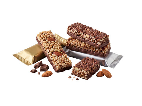 Delicious chocolate-coated cereal and nut bars with packaging wrappers, isolated on a transparent background.