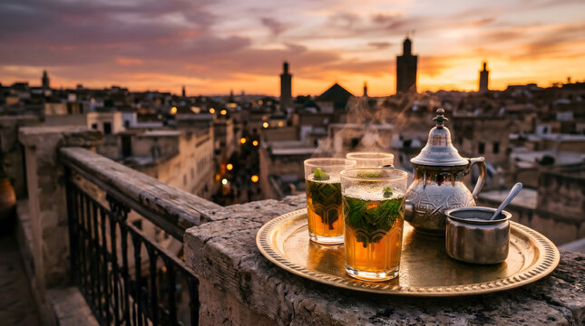 Traditional Moroccan mint tea in glasses with a silver teapot on a brass tray overlooking a panoramic city skyline at sunset.