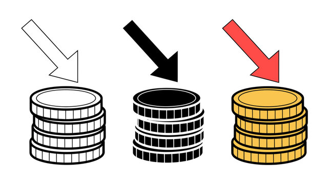 Stack of coins with a downward arrow icon representing financial decline or cost reduction currency decrease