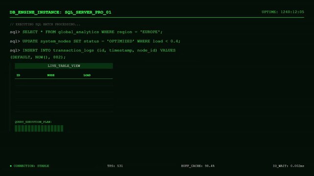 Futuristic SQL Database Engine HUD with Green Digital Terminal Interface and Live Server Batch Processing Query Execution Plan Monitoring Analytics Screen.