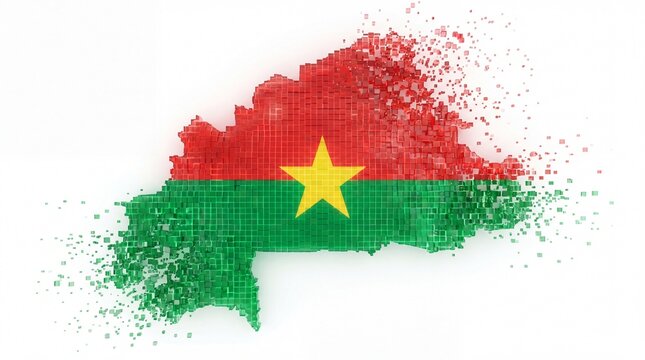 Burkina faso nation represented by 3d voxel map disintegrating into scattered digital particles.