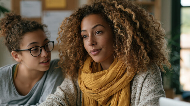 Mother and preteen daughter reviewing weekly chore chart and earning ledger pinned to corkboard in home office, both leaning over desk in focused conversation about saving goals,