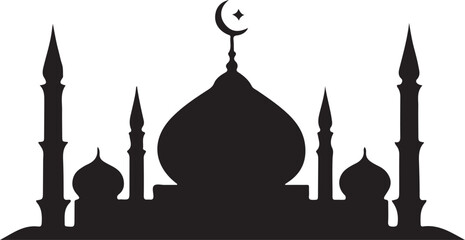 Black silhouette of mosque building with dome and minarets isolated on transparent ground. © MOHINUR