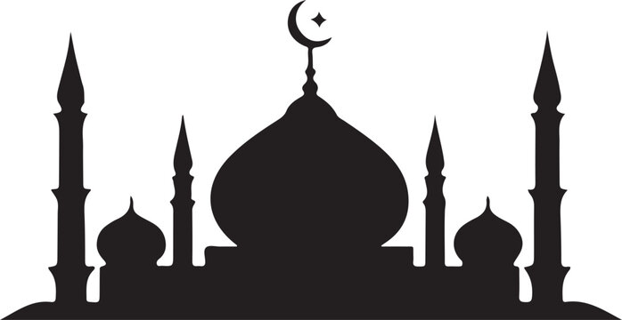 Black silhouette of mosque building with dome and minarets isolated on transparent ground.