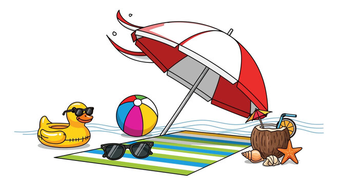 Beach toys and umbrella on sand.