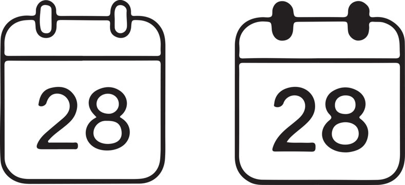 Calendar date icons showing number twenty eight in outline and solid ring binder designs.