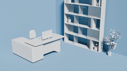 Minimalist office space with clean lines. Light blue walls frame sleek white furniture. Desk holds monitor and chair, uncluttered and calm. Bookshelf stands tall, filled with neatly arranged items © ilham