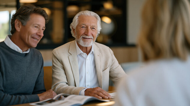 Elderly widower seated in consultation room at continuing care community, adult son beside him reviewing tiered pricing brochures, director of admissions presenting memory care