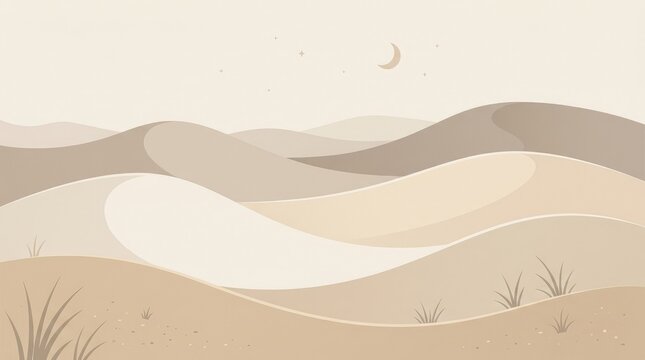 Minimalist Desert Landscape at Night with Rolling Sand Dunes, Crescent Moon, and Stars in Earthy Tones

