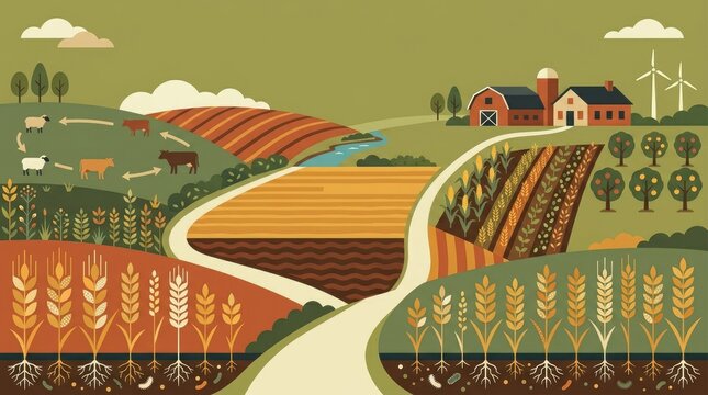 Stylized illustration of a sustainable farm landscape with crop rotation, livestock, farm buildings, wind turbines, and fertile fields showing an integrated agricultural ecosystem
