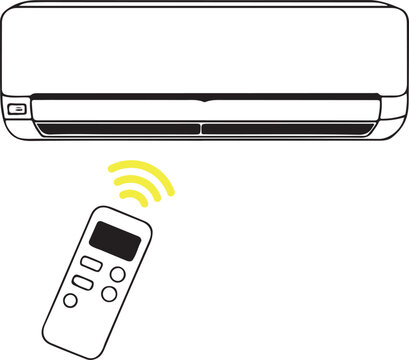 Split wall mounted air conditioning unit with a remote control emitting signal wave icon.