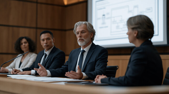 Legal panel of four diverse attorneys gesturing at projected diagram of robot decision-making flowchart in modern courtroom, AI liability case, tech law debate, judicial