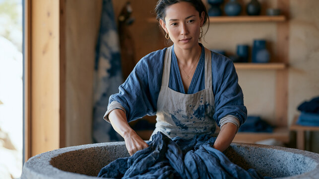 Mid-career female master dyer wringing hand-dyed indigo linen lengths over traditional stone vat inside sustainable Japanese-inspired natural textile studio, skilled artisan
