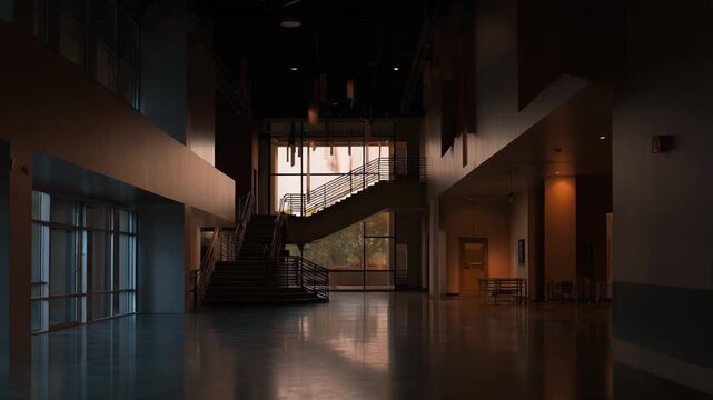 Spacious multi story building atrium featuring a prominent staircase and large windows, reflecting the warm glow of natural light entering at dusk, creating an inviting and contemporary atmosphere
