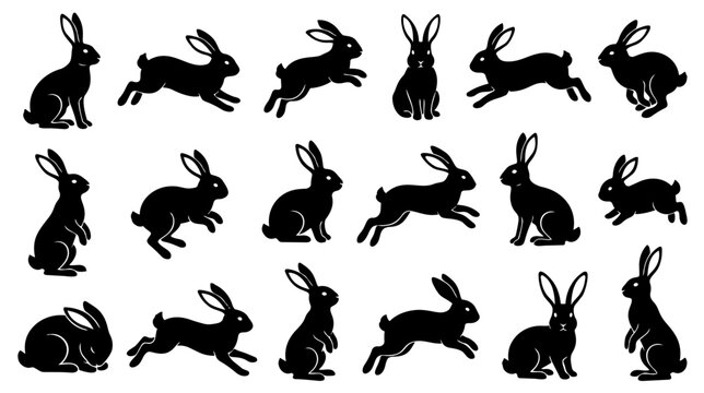Set of Rabbit and Hare Silhouettes, Black Bunny Vector Icons in Various Poses Running Jumping Sitting and Standing Isolated on White