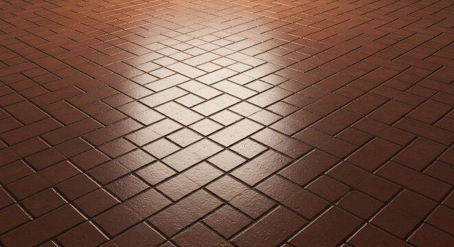 Herringbone brick floor, warm light reflection, textured ground, outdoor patio pattern, natural building material.