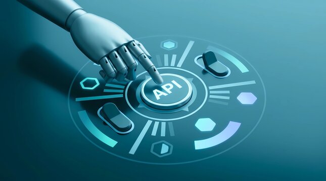 Robot hand pressing api button on futuristic interface with various icons and symbols on blue background