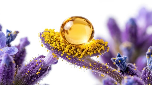 Golden Oil Drop on Lavender Flower with Yellow Pollen