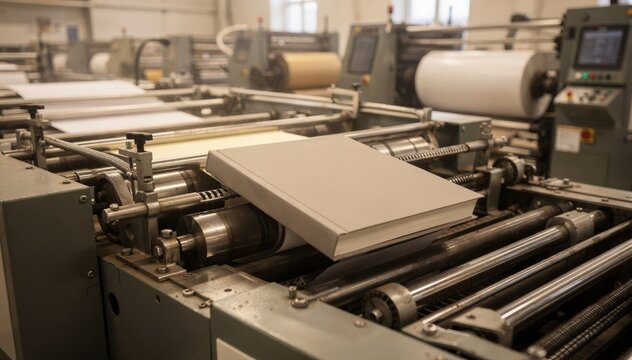 Detailed view of midrun printing line with a hardcover book being fed into the binding machine background offset presses softly obscured.