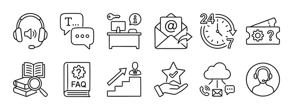Customer support and help service outline icon set with headset, FAQ, email communication and cloud assistance on transparent background