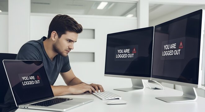 Man frustrated working at computer screen showing login error