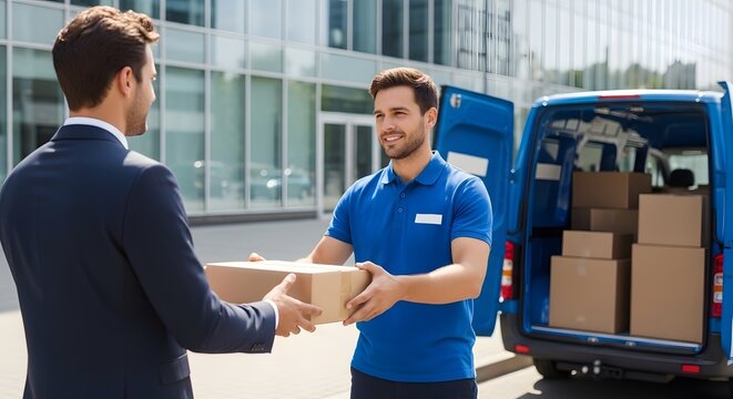 Man Handing Box to Delivery Driver in Urban Setting