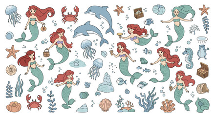 Obraz premium Large collection of illustrated mermaids, dolphins, jellyfish, shells, and coral creating a magical underwater scene on a white background.