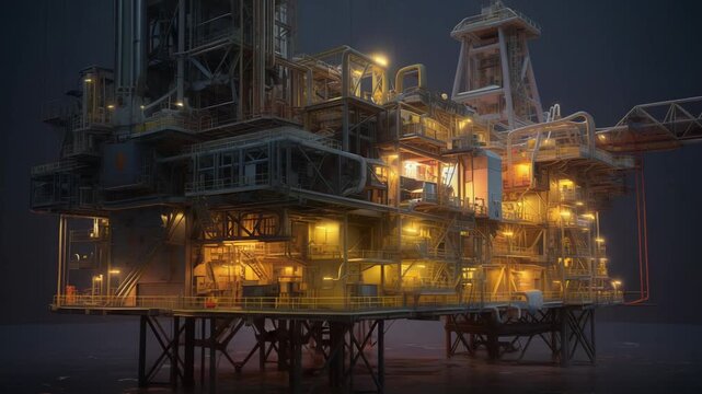 Offshore oil rig platform stands illuminated against the dark ocean, symbolizing energy production, industrial power, and vital resource extraction in a global environment