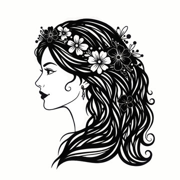 Elegant side profile of a beautiful woman with long, flowing hair and a floral wreath. Detailed black and white vector illustration.