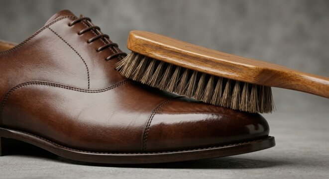 Close-up of a premium brown leather men's oxford shoe being cleaned with a wooden bristle brush on a grey background. Traditional shoe care, maintenance, and professional cobbler service concept