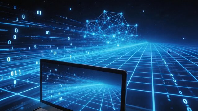 Laptop with digital network grid and binary code
