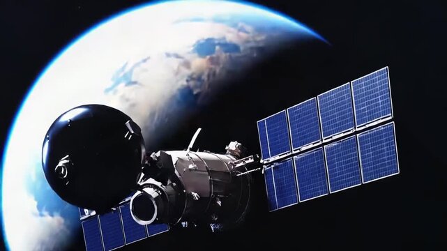 Satellite traveling through deep space, collecting data and transmitting information, showcasing technological advancement and global communication, powered by its large solar panels