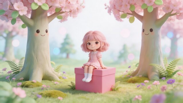 Animated girl sitting on pink box between trees