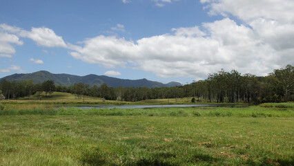 Fototapeta premium Serene Meadow with a Small Pond and Mountains Under a Cloudy Sky