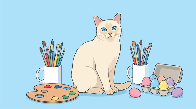 A detailed portrait of a light-colored domestic cat with striking blue eyes sitting in a poised position, featuring soft white fur textures and a calm expression against a neutral background.