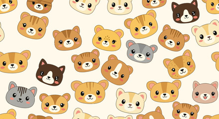 Obraz premium Cute Cartoon Bear Faces Seamless Pattern, Kawaii Animal Characters, Adorable Baby Bears