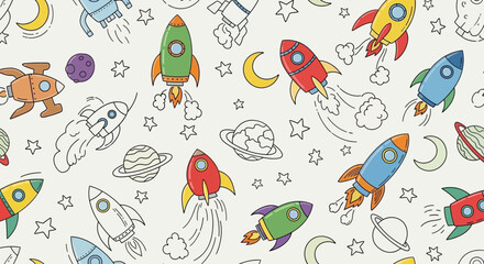 Fototapeta premium Cute cartoon rockets, planets, and stars seamless pattern for kids' space exploration theme