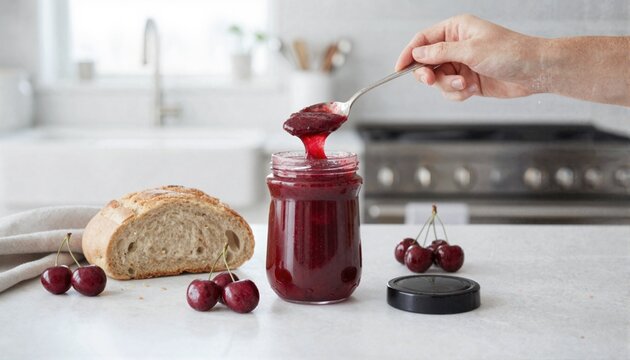 Hand scooping cherry jam from jar in bright kitchen