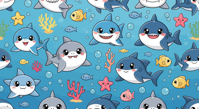 Cute Cartoon Sharks Swimming Underwater with Fish and Coral Reef