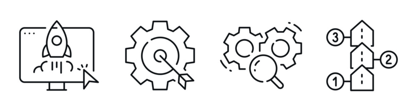 Workflow icons showing launch optimization analysis on white background. Editable stroke