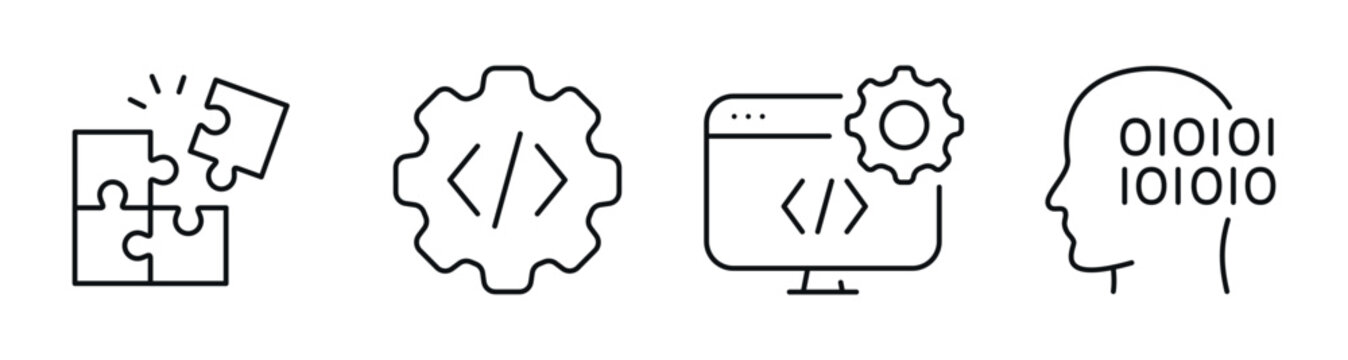 Puzzle and coding icons showing development and artificial intelligence. Editable stroke