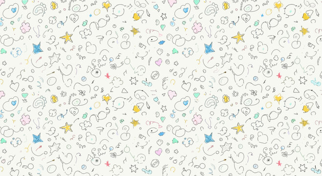 Cute Hand Drawn Doodles Seamless Pattern: Stars, Clouds, Hearts, Animals