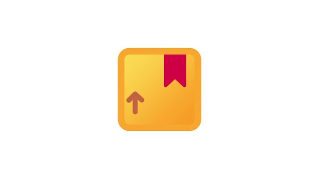 A bright orange square package box icon with a red bookmark tag and an upward arrow indicating parcel shipping, package delivery, or sending goods to a destination