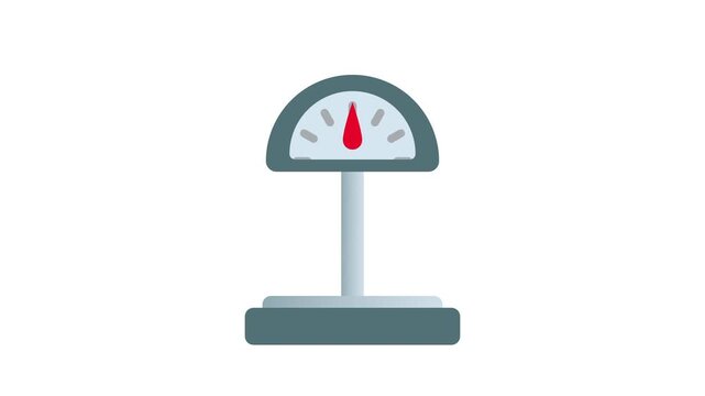 A realistic flat icon of a weighing scale with a red needle on the dial used to symbolize measurement, weight tracking, shipping logistics, or balanced decision making