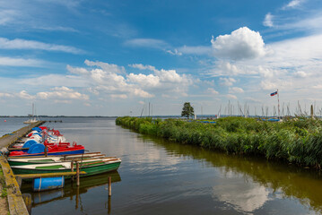 Naklejka premium Boats in Olgahafen on Lake Dümmer, Lower Saxony, Germany